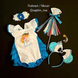 Alice in Wonderland Halloween Girls Costume Romper Magic Fairy Wand & Headbands